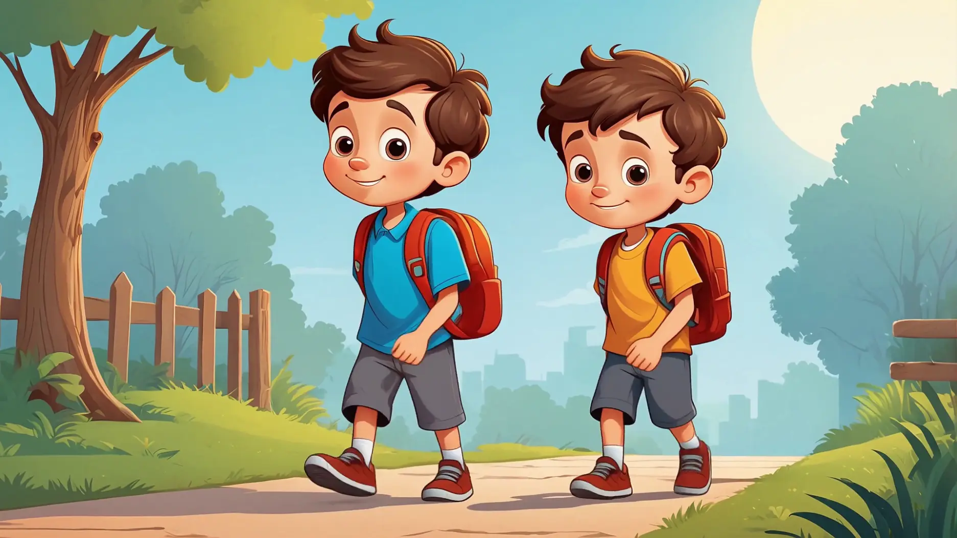 Animated Two Cute Boys With Backpacks Walking To School