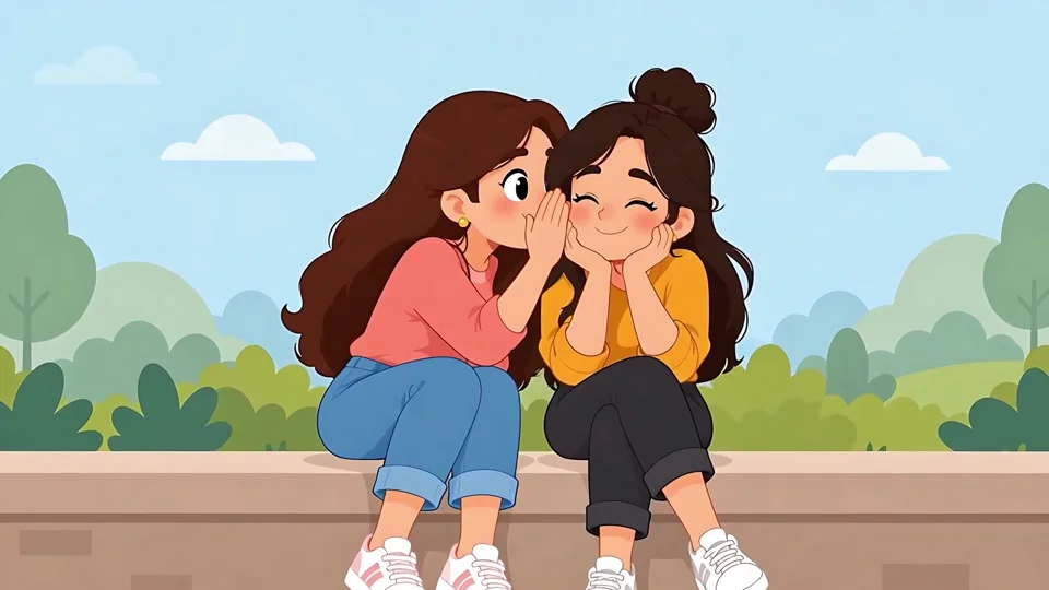 Animated Two Girls Whispering Secrets Park Banner