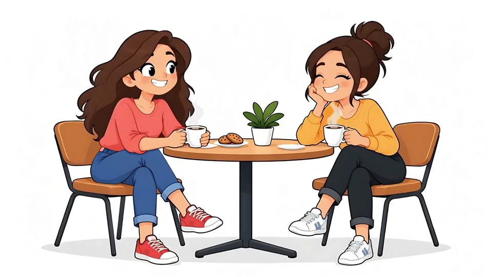 Animated Two Women Friends Talking Drinking Coffee Cafe