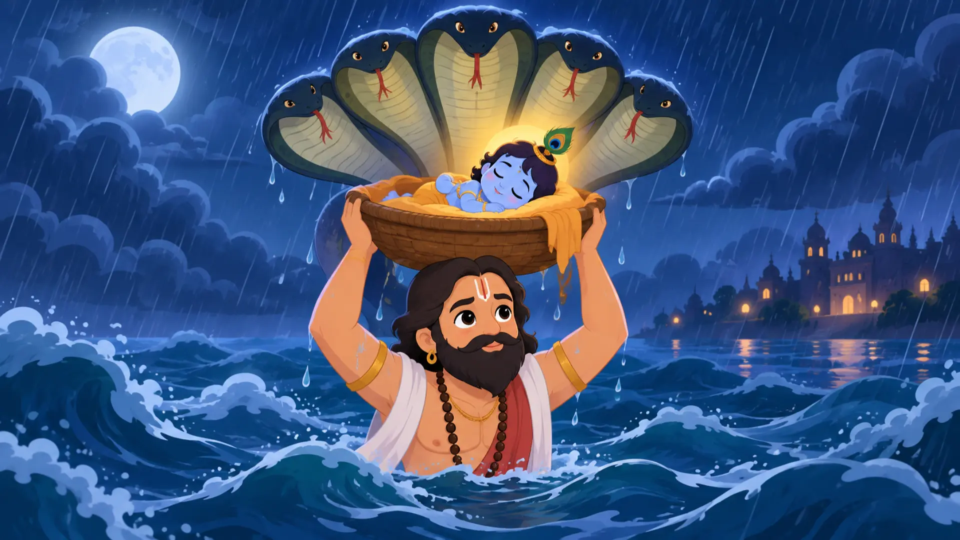 Animated Vasudeva Carrying Baby Krishna Yamuna River Sheshnag
