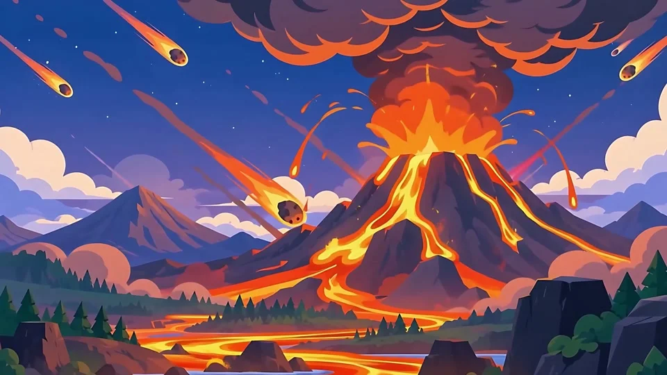 Animated Volcano Eruption Lava Flow Meteors Falling Disaster