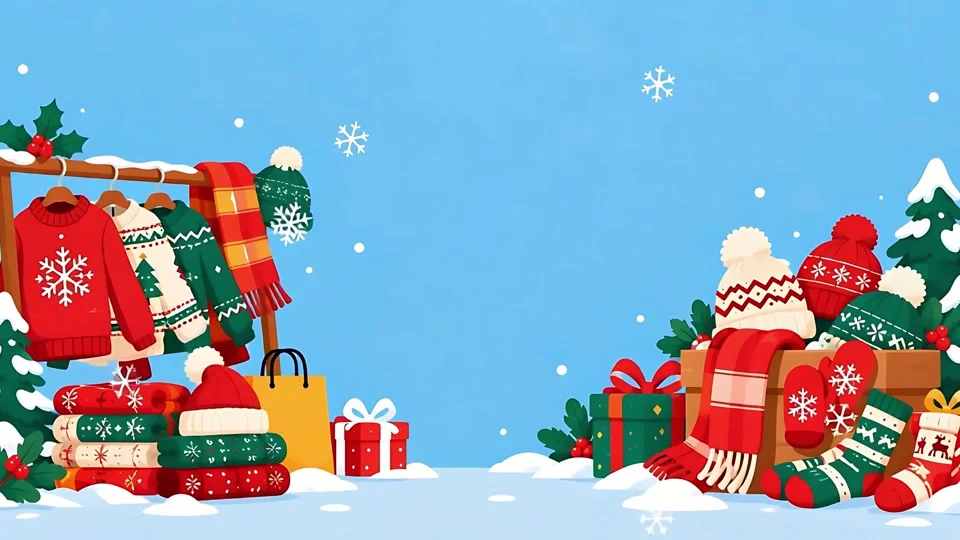 Animated Winter Clothing Rack Gift Boxes Banner