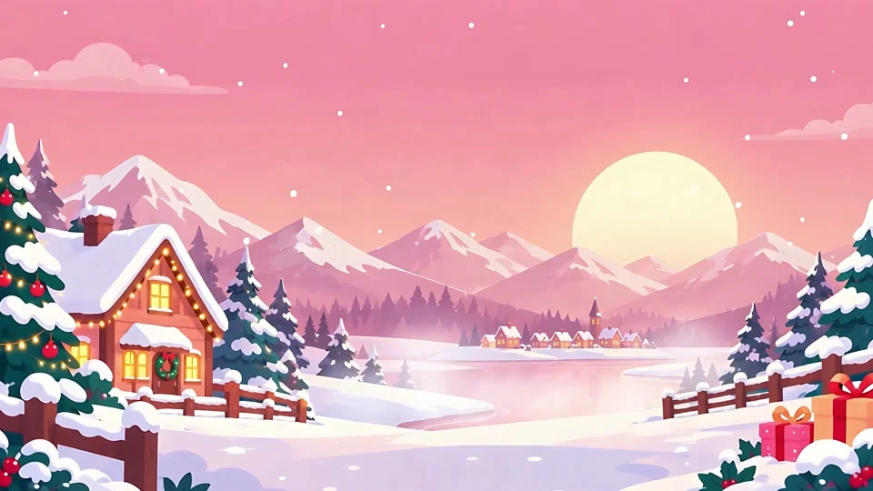 Animated Winter Village Sunset Snowy Mountains Banner