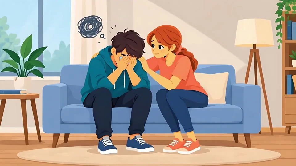 Animated Woman Comforting Sad Crying Man on Couch Mental Health