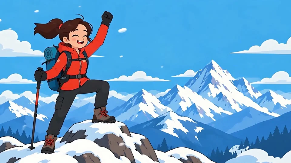 Animated Woman Hiker Reaching Snowy Mountain Peak Success