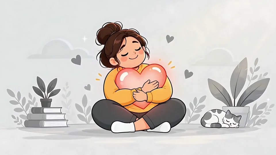 Animated Woman Hugging Glowing Heart Self Love Mental Health
