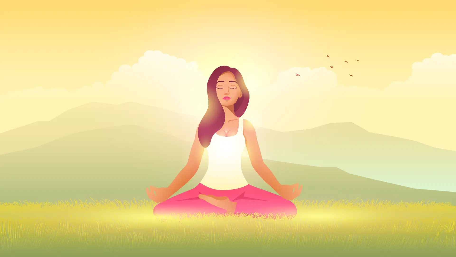 Animated Woman Meditating at Sunrise Mental Health Day