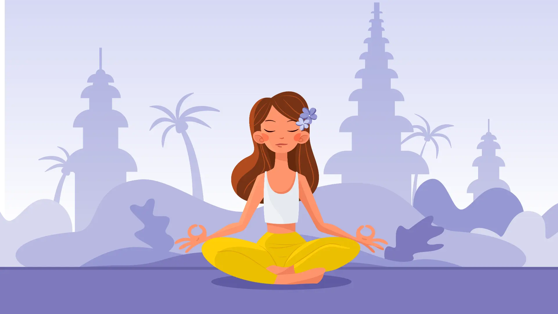Animated Woman Meditating Lotus Pose Zen Temple Background