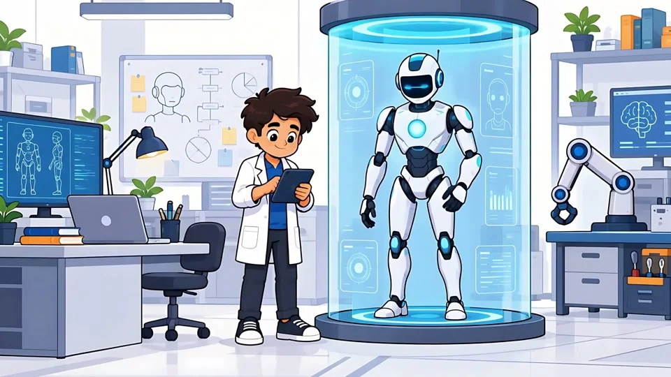 Animated Young Scientist Creating Ai Robot Futuristic Laboratory
