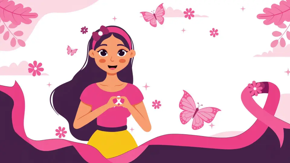 Animated Young Woman with Pink Ribbon Breast Cancer Awareness Month