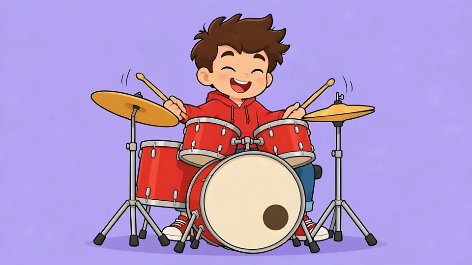 Cute Cartoon Boy Playing Drums Animation