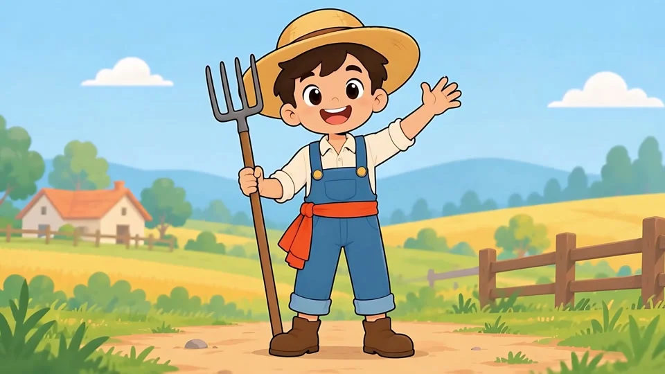 Cute Cartoon Farmer Boy Holding Pitchfork Animation