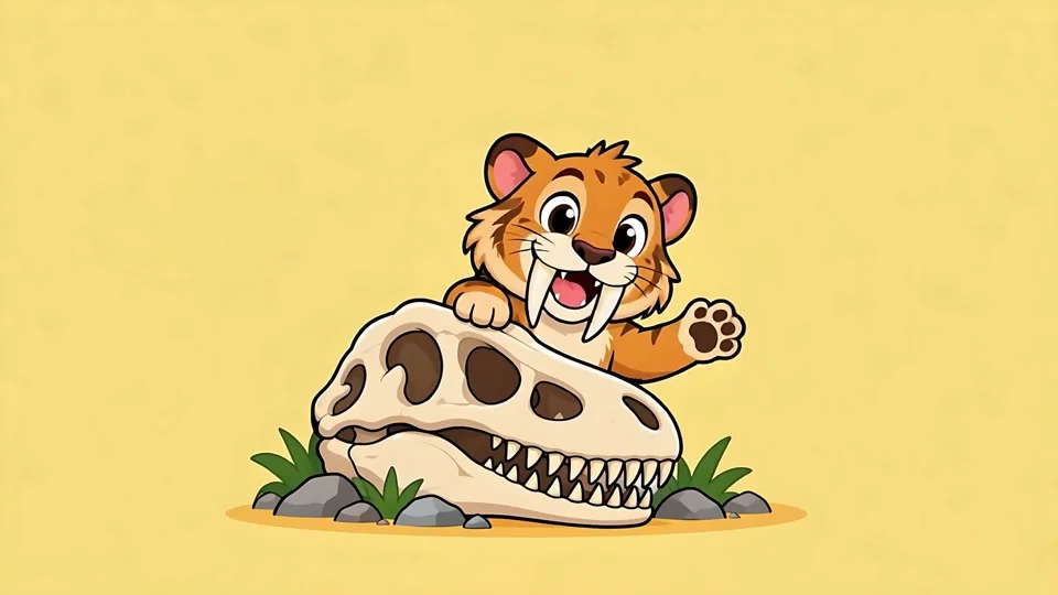 Cute Cartoon Saber Toothed Cat Peeking Behind Skull Animation