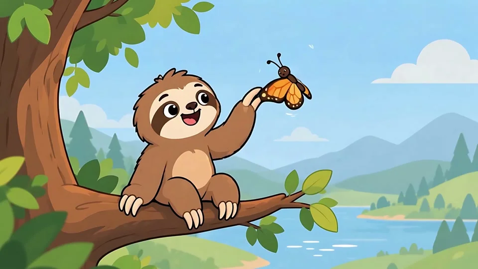 Cute Cartoon Sloth Reaching for Butterfly on Tree Branch Animation