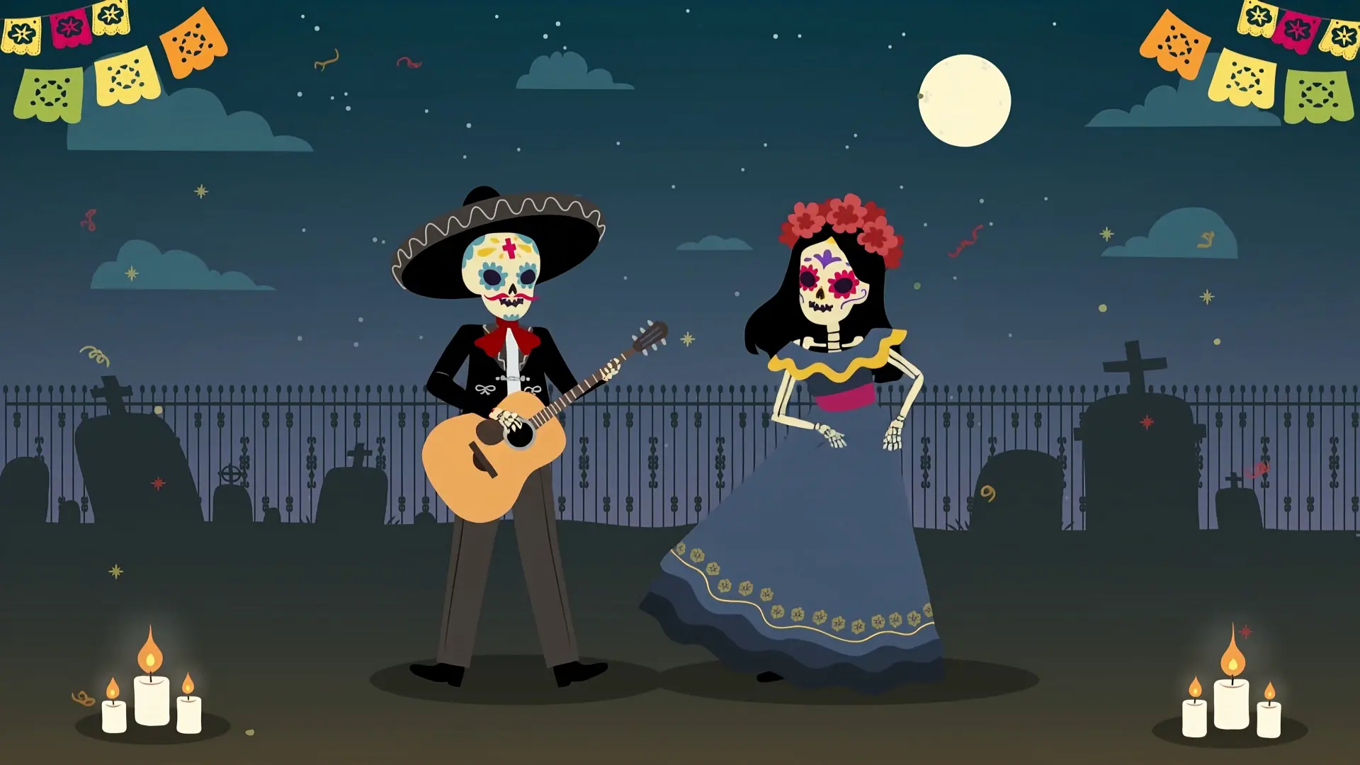 Day of The Dead Skeleton Playing Guitar and Dancing in Cemetery