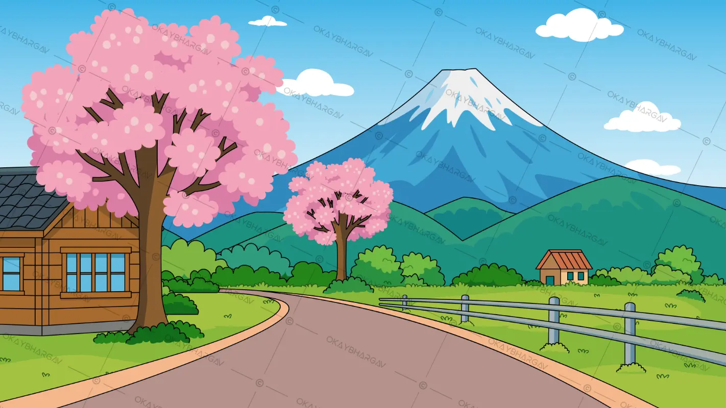 A Serene Springtime Scene Featuring Mount Fuji and Blooming Cherry Blossoms