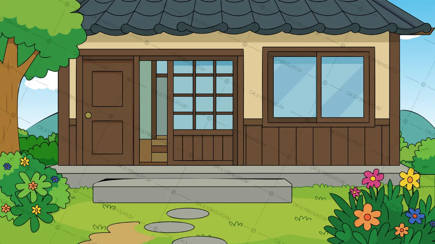 An old Home in The Village Cartoon background