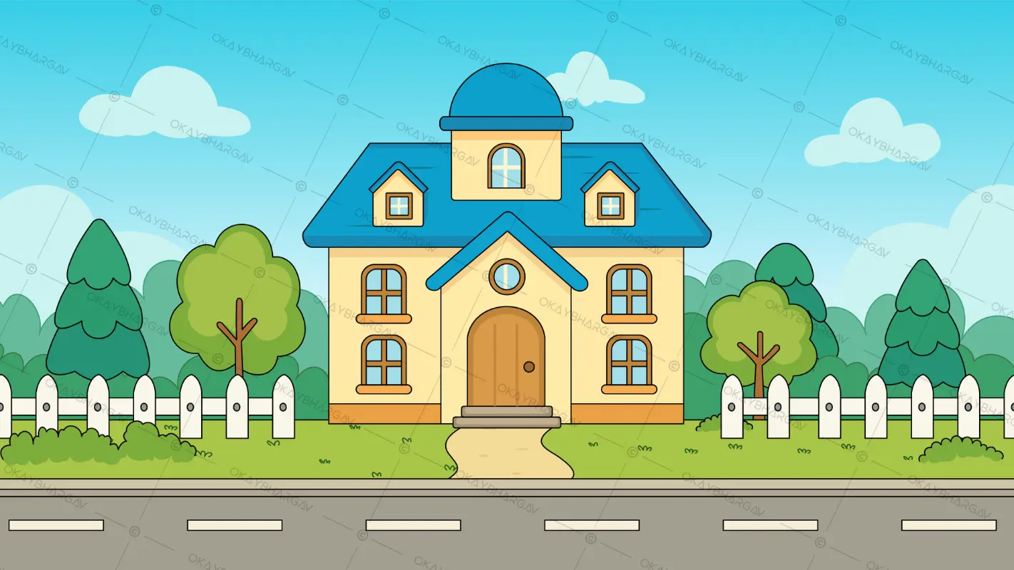 Cartoon house on a Sunny Day with a White Fence and Trees