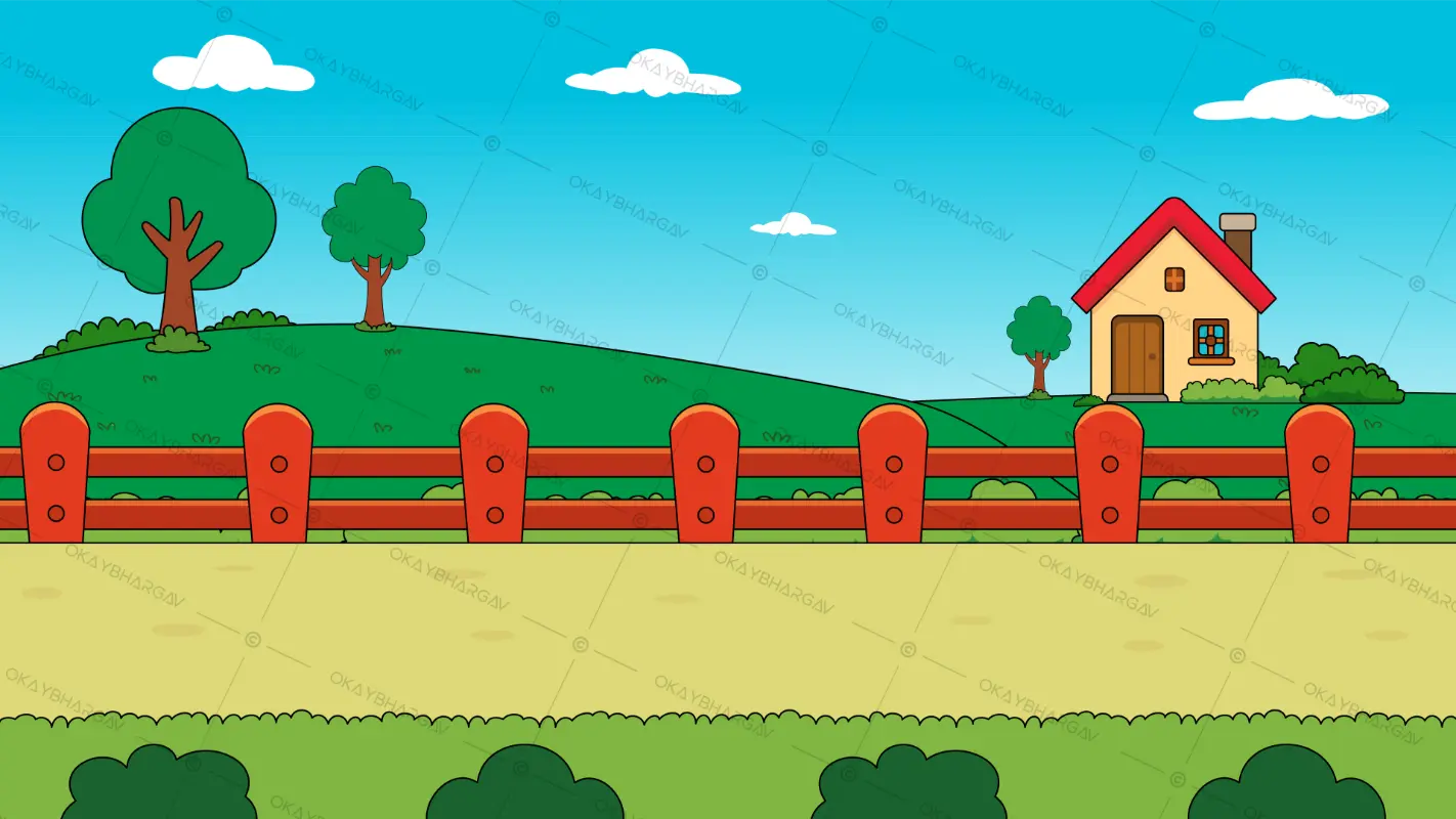 Cartoon Landscape Featuring a House, Trees, and a Fence