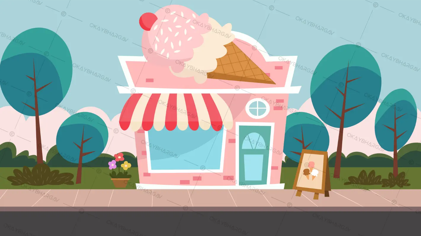 Cute Ice Cream Shop Cartoon Illustration with Giant Cone Roof