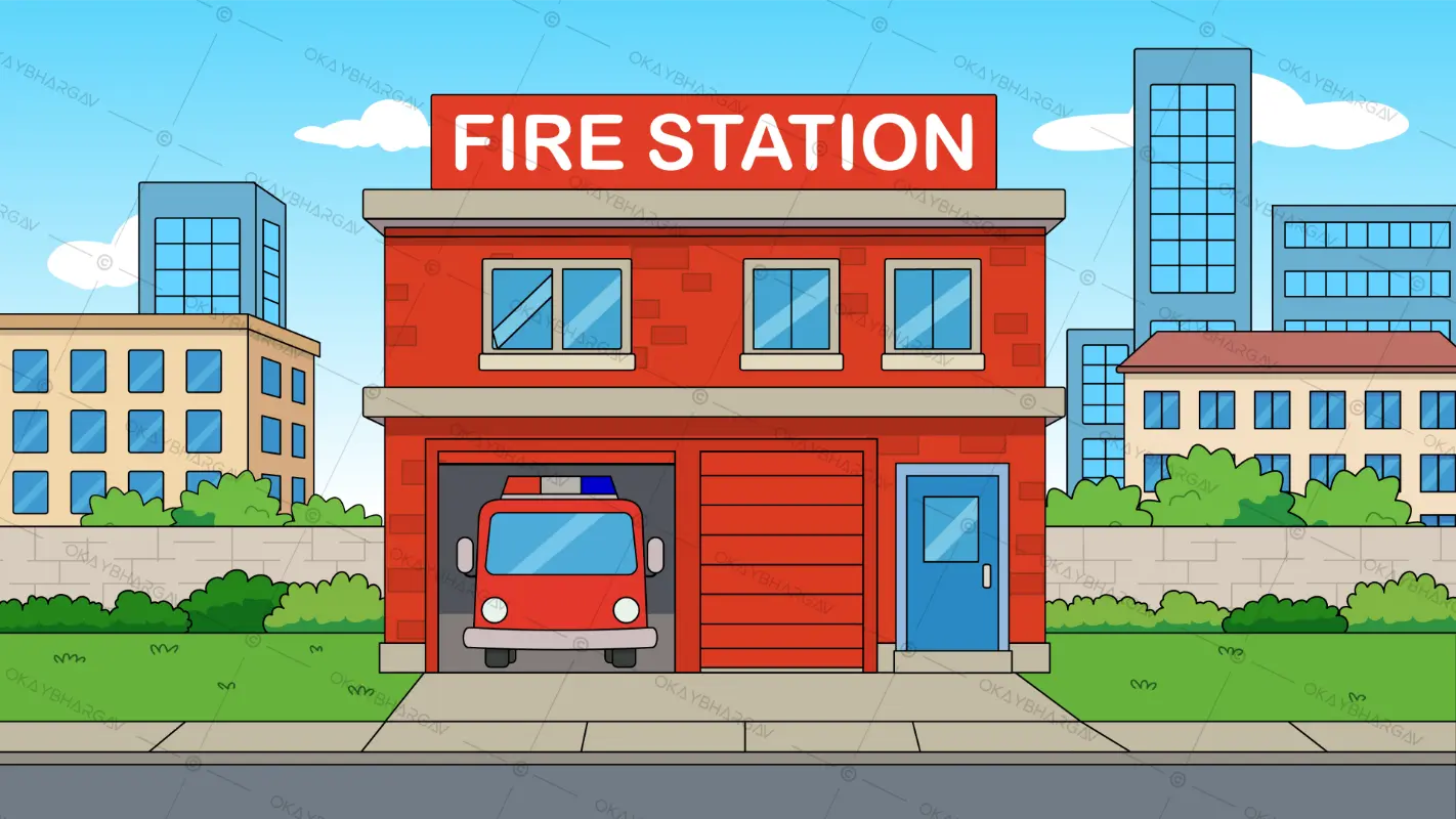 Fire Station in The City Cartoon Background