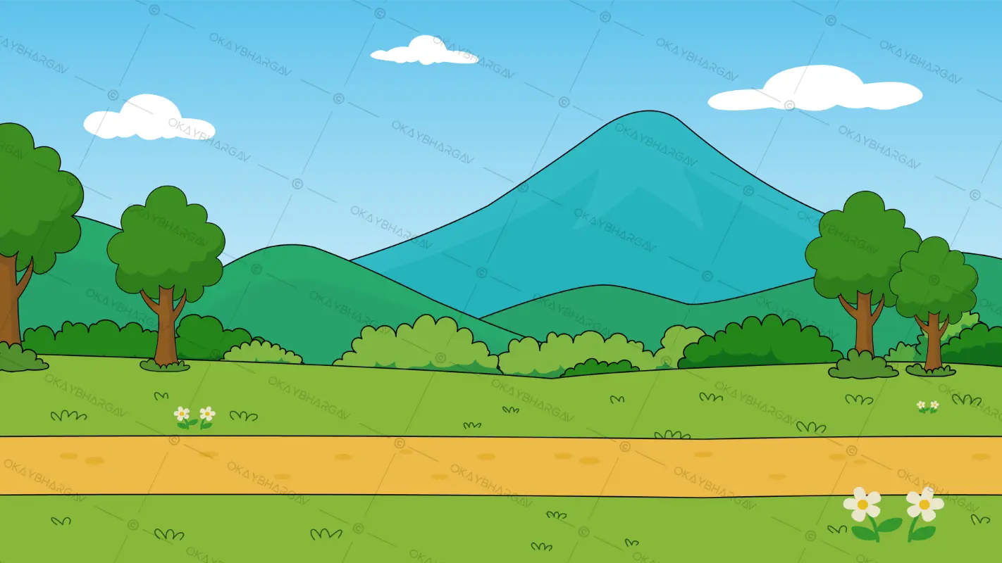 Scenic Cartoon Landscape with Mountain, Trees, and Field